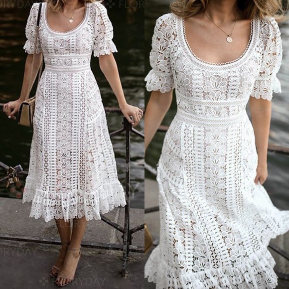 Floryday Dresses & Skirts - Floryday White Lace Dress Midi Scoop Neck Ruffles